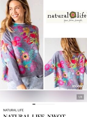 NATURAL LIFE Heather Gray Crewneck Sweater with Bright Floral Print